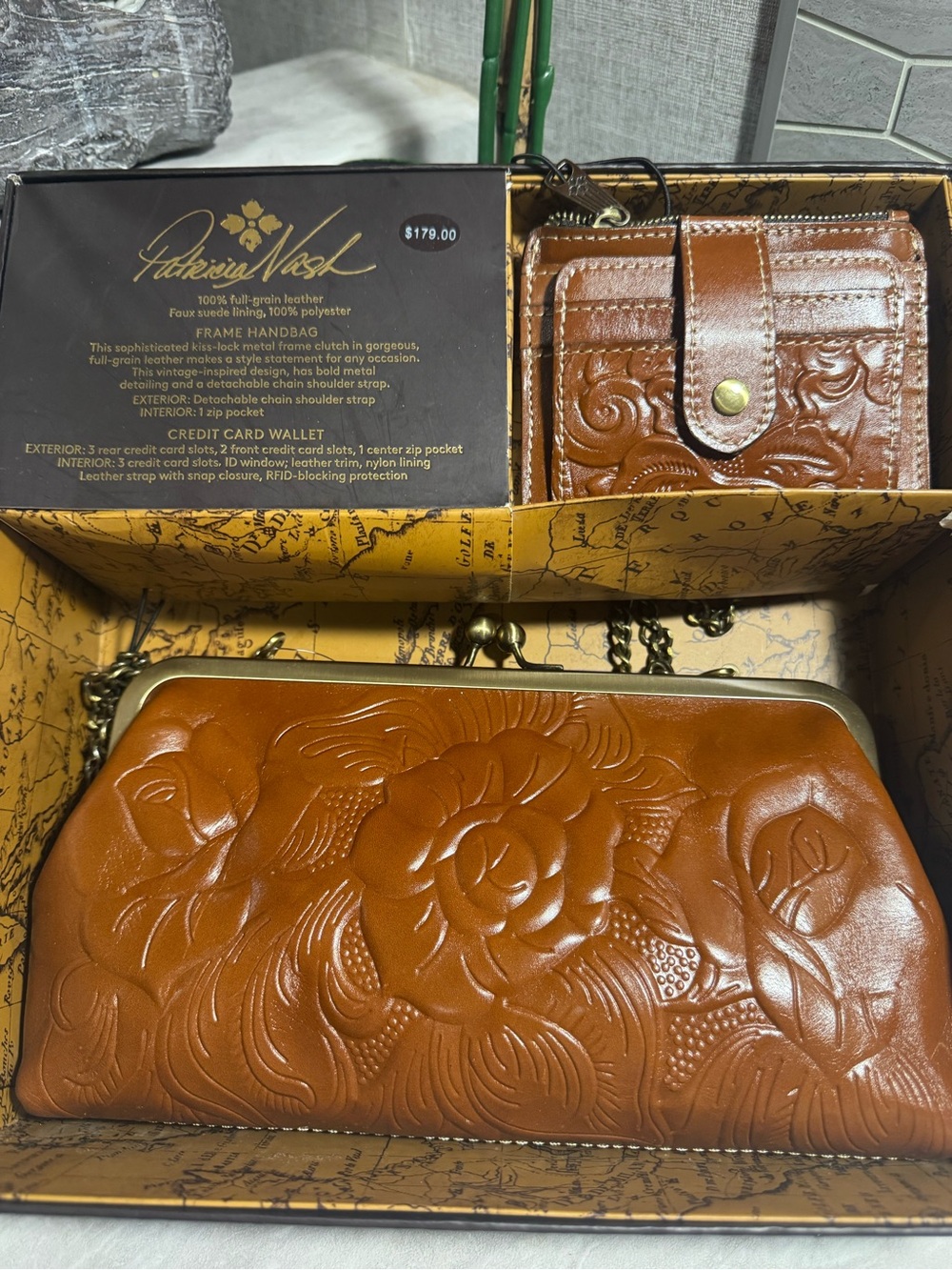 NWT Patricia Nash KISS LOCK Cognac Embossed Leather Shoulder Bag & Wallet Set